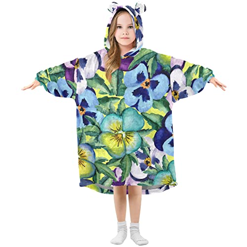 Kigai Wearable Blanket Hoodie for Kids,Flower Watercolor Sweatshirt Flannel Blanket Hoodie for Boys Girls, Multi, Large