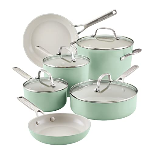 KitchenAid Hard Anodized Ceramic Nonstick Cookware/Pots and Pans Set, 10 Piece - Pistachio