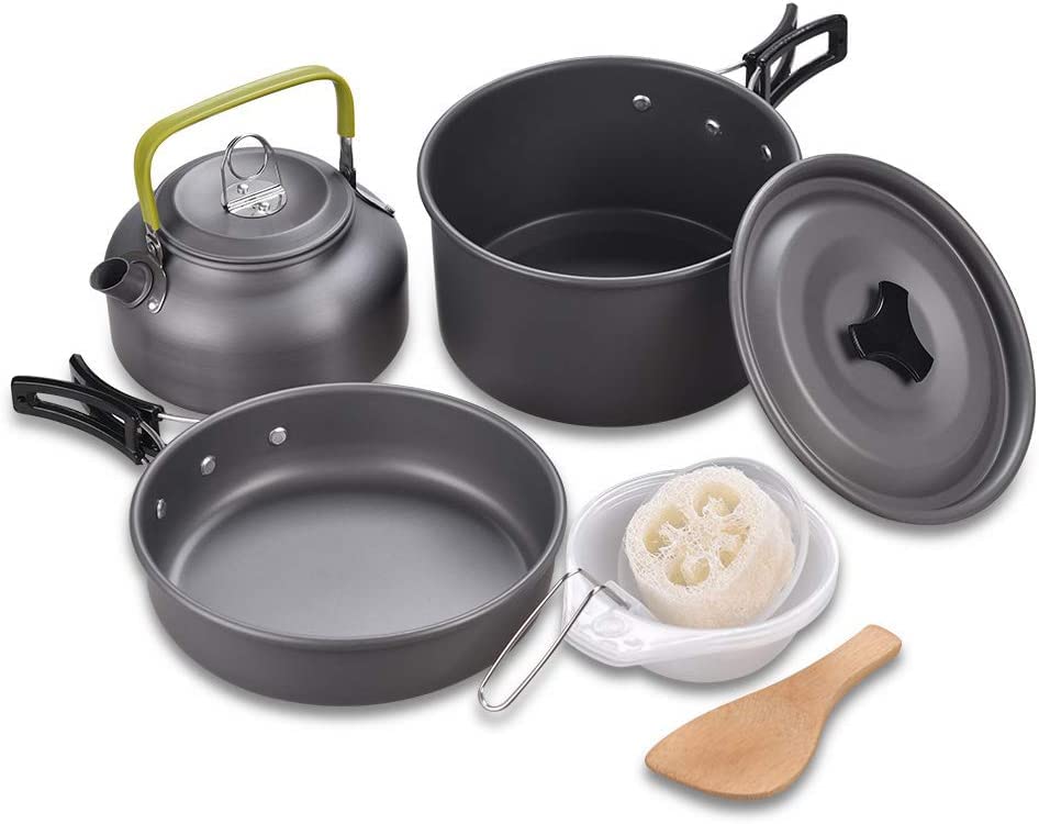 Linist Camping Cookware Mess Kit, Lightweight Hiking Cookware Set with Mesh Bag, Nonstick Aluminum Cooking Kit,Outdoor Pot Pan Kettle Backpacking Mess Kit with Bowls
