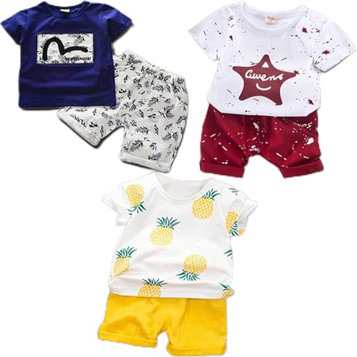 Lofn Cotton Clothing Sets for Baby Boys & Baby Girls Pack Of 3 - Unisex Clothing sets Half sleeve T-Shirt & Shorts Pack Of 3 (KDST2-AFWH-KDST9-WHRD-KDST11-WHMT)