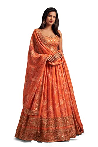 MEGHALYA Women's Organza Zari Embroidered Floral Semi-stitched Orange Lehenga Choli (ZC party_lehenga_7612, Free Size)