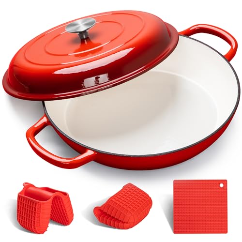 MICHELANGELO Cast Iron Braiser Pan with Lid 30cm, 3.5L Enameled Cast Iron Casserole Dish, Shallow Dutch Oven Cookware with Silicone Accessories, Oven Safe Cooking Pot-Cherry Red