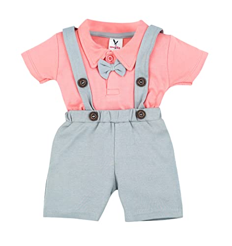 Macitoz Stylish Dungaree for Baby Boys | Half Sleeves & Knee Length with Bow | Suitable as Casual & Party Wears Baby dress (S (3Months- 6Months), Salmon Rose)