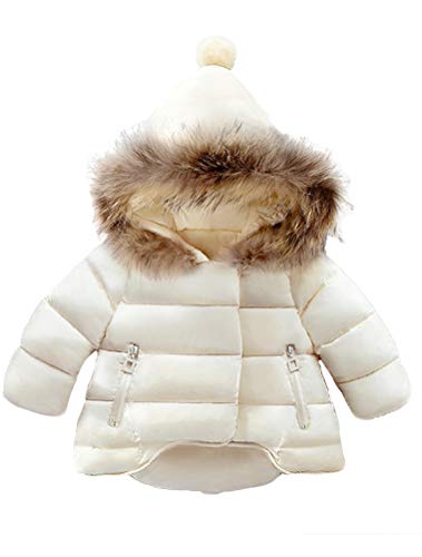 Mallimoda Baby Boys Girls Down Jacket Toddler Winter Warm Puffer Down Coat Cotton Hooded Fur Snowsuit, Beige, 1-2 Years