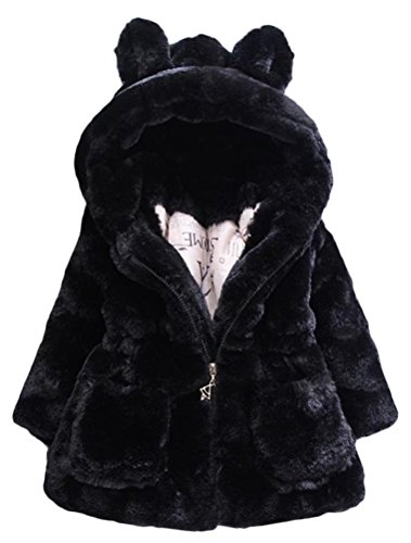 Mallimoda Girls Winter Warm Coats Ear Hooded Faux Fur Fleece Jacket Black 5-6 Years