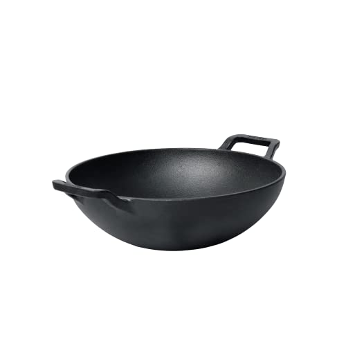 Meyer Pre Seasoned Cast Iron Kadai Without Lid | Iron Kadai for Cooking | Cast Iron Kadhai | Deep Frying Kadai with Heavy Bottom, Gas and Induction Compatible, 20cm, Black