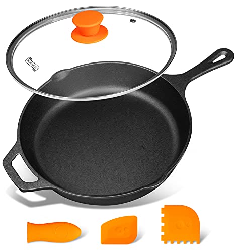 Michelangelo Cast Iron Pan, 26 cm Cast Iron Skillet with Lid, Cast Iron Frying Pan Non Stick, Iron Pan for Cooking with Silicone Handle & Scrapers