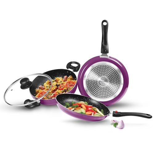 Milton Pro Cook Kitchen Jewel Set of 3 (Fry pan 24 cm/1.6 litres; Kadhai 24 cm/2.5 litres with Glass lid & Tawa 25 cm), Dark Purple | Induction Safe | Non-Stick | Food Grade | Dishwasher Safe