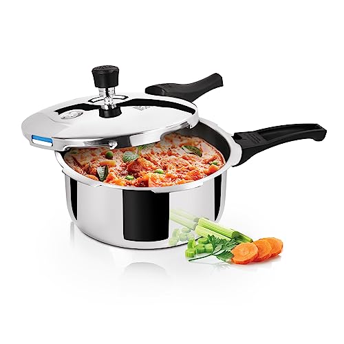 Milton Pro Cook Triply Stainless Steel Pressure Cooker With Outer Lid, 2 litre, Silver | Dishwasher Safe | Food Safe | Induction Safe | Hot Plate Safe | Flame Safe