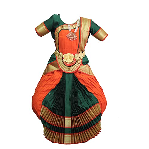 Mudra Dance Costumes Classical Bharatnatyam Readymade 40 Inch Orange and Dark Green Silk Cloth Women and Kids Dress for Fancy Dress, Costume Competitions, School Dance Events, Annual Functions