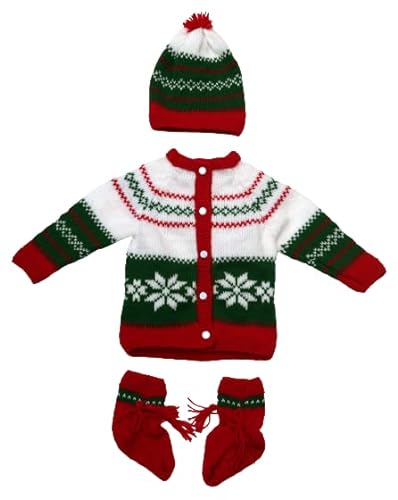 Multicolor Christmas Theme Clothing Combo for Kids That Contain Sweater, Cap and Socks (0-6 Months)