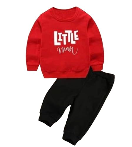 N HUMAIRA Kids Full Sleeve Cotton Blend Little Man Printed Tshirt Pant Set for Infant Toddler Baby Boy Girl Kids (RED) (3-4 Years)