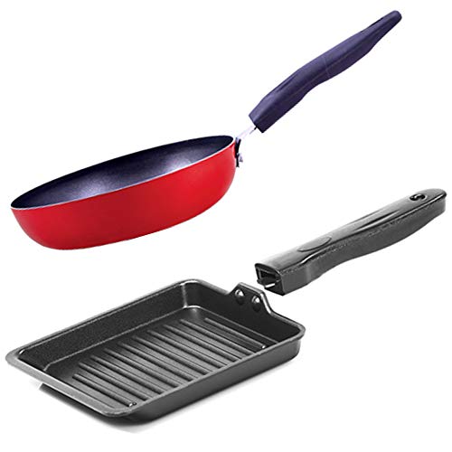 NIRLON Aluminium Non Stick Red Gas Stove Compatible Cookware - Tadka Pan , Vagariya & Mini Grill Toast Pan - 2 Pcs Combo Set