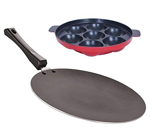 NIRLON Non-Stick Aluminium Concave Tawa and Appampatram Combo Item Set, Red and Black