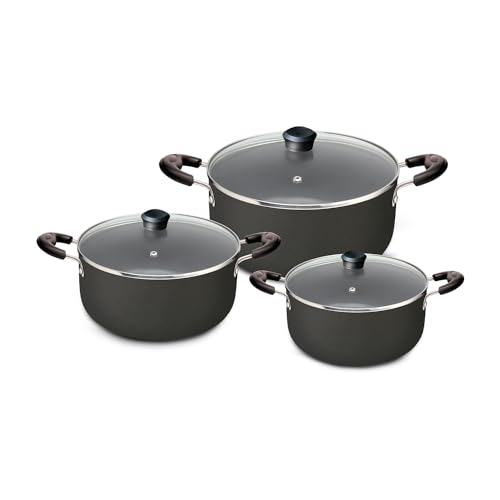 Nirlep Sakhi 6 Pieces Gift Set with 3 Casseroles Set with 3 Glass Lid| Induction Cookware Set| 5-Layer PFOA Free Coating| Non Stick Cookware Set | Black