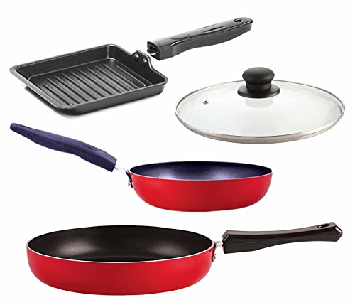 Nirlon Aluminium Non-Stick Kitchen Essential cookware Set with Bakelite Handle-4 Pieces (Tadka Pan|Fry Pan|Small Grill Pan|1 Glass Lid)-32mm_CVG_FP10_SGP_1GLID