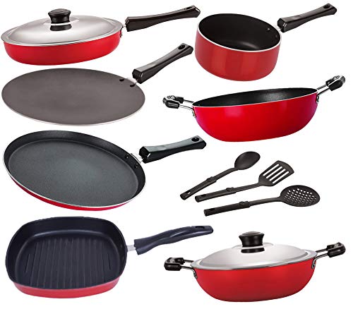 Nirlon Nonstick Aluminium Cookware Set Standard, Dishwasher Safe, 10-Pieces, Red [FT12_CT12_FP12_KD12_DKDM_SP(M)_GP24_3SPN]