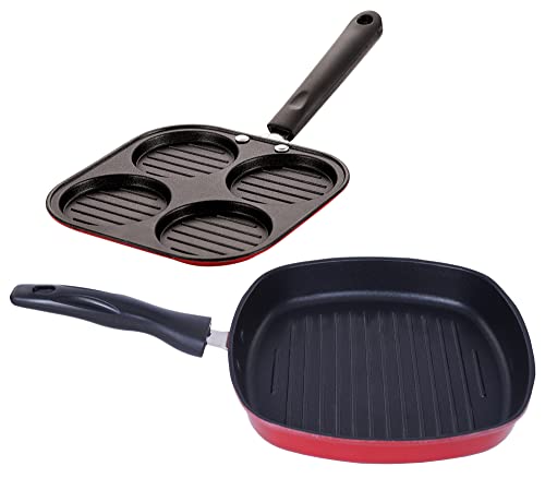 Nirlon Nonstick Aluminium Non-Induction Cookware Set of 2 Pieces Including Casting Uttapam-4 Cavity & Grill Pan-22.5cm (Color-Red)