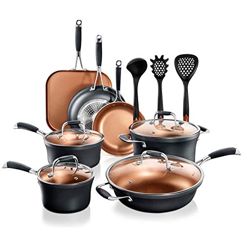 NutriChef 14-Piece Nonstick Kitchen Cookware Set - PFOA/PFOS-Free Heat Resistant Lacquer Kitchen Ware Pots Pan Set Copper/Hard-Anodized - Saucepot Pans Cooking Pot Jumbo Cooker Lid Utensil NCCWALN14.5
