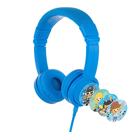 Onanoff Buddyphones Explore Volume Limiting Kids Headphones Durable, Comfortable & Customizable Built in Headphone Splitter and in Line Mic for Ipad, Kindle, Computers and Tablets Blue