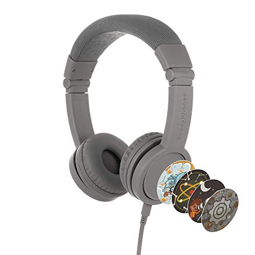 Onanoff Buddyphones Explore, Volumelimiting Kids Headphones, Foldable and Durable, Builtin Audio Sharing Cable with Inline Mic, Best for Kindle, Ipad, iPhone and Android Devices, Grey