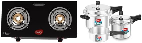 Pigeon By Stovekraft Pressure Cooker Combo with Outer Lid Gas Stove Compatible 2, 3, 5 Litre Capacity (Silver) & Pigeon Aster Gas Stove 2 Burner with High Powered Brass Burner, black (14266)