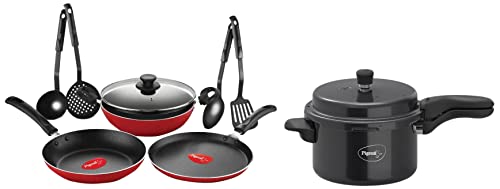 Pigeon Pressure Cooker - 5 Litres - Black&Pigeon Cookware Gift Set With Glass Lid, 8 Pieces Kitchen Set&Pigeon Cookware set, including Nonstick Dosa Tawa With Glass Lid, (Pink)