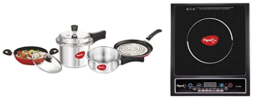 Pigeon Starter Kit Mini containing 2 and 3 litre Pressure Cooker Outer Lid, one Flat Tawa 250 mm and Kadai 240mm with Glass Lid & Cruise 1800 watt Induction Cooktop