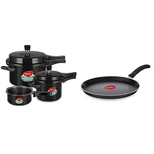 Pigeon by Stovekraft 14414 Induction Base Outer Lid Aluminium Pressure Cooker With Lid, 2L, 3L, 5L, Silver + Pigeon by Stovekraft Special Non-Stick Aluminium Flat Tawa, Black (27cm)