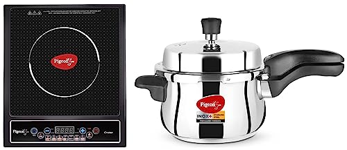 Pigeon by Stovekraft 14502 Induction Base Outer Lid Pressure Cooker, 5L, Silver & Pigeon by Stovekraft Cruise 1800 watt Induction Cooktop (Black)