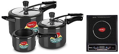 Pigeon by Stovekraft Aluminium Hard Anodized Pressure Cooker Combo with Induction Base Inner Lid - 2 L, 3 L, 5 L- 14455 (Silver) & Pigeon by Stovekraft Cruise 1800 watt Induction Cooktop (Black)