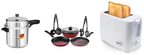 Pigeon by Stovekraft Deluxe Pressure Cooker, 10ltrs,Silver&Pigeon Mio Nonstick Cookware Gift Set, 8pcs &Pigeon 2 Slice Auto Pop up Toaster with Crumb Tray, Mid Cycle Heating Element