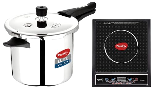 Pigeon by Stovekraft Elite Sine 3 L Tri-Ply Body Outer Lid Pressure Cooker Induction and Gas Stove (Silver) & Pigeon by Stovekraft Cruise 1800 watt Induction Cooktop (Black)