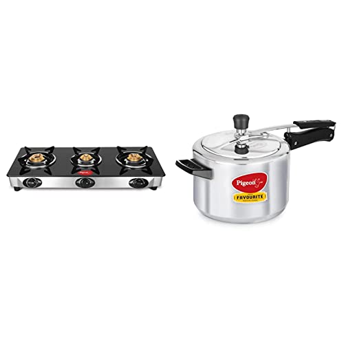 Pigeon by Stovekraft Favourite 3 Burner Line Cook Top Stove, Black & Favourite Aluminium Pressure Cooker with Inner Lid, 5 litres, Silver Combo