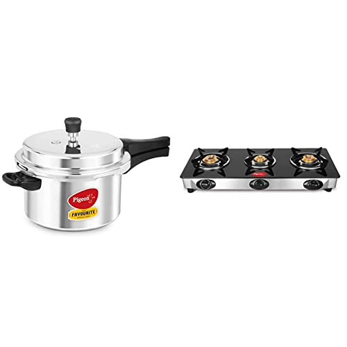 Pigeon by Stovekraft Favourite Induction Base Aluminium Pressure Cooker with Outer Lid, 5 litres, SIL & Favourite 3 Burner Line Cook Top Stove, Black Combo