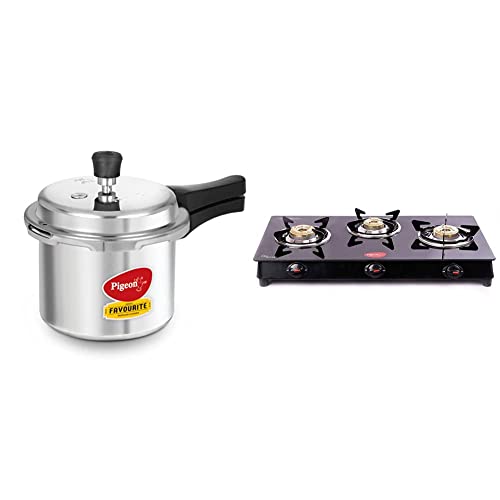 Pigeon by Stovekraft Favourite Outer Lid Non Induction Aluminium Pressure Cooker, 3 Litres, Silver & Pigeon by Stoverkraft Glass Top Aster 3 Burner