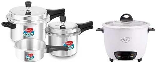Pigeon by Stovekraft Joy 1.8 Liter Electric Rice Cooker 700 Watt, White & Pigeon By Stovekraft Pressure Cooker Combo with Outer Lid Gas Stove Compatible 2, 3, 5 Litre Capacity (Silver)