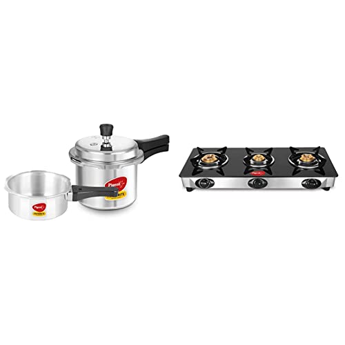 Pigeon by Stovekraft Mini Combi Aluminium Cookware Set, 2-Pieces (2+3 litres), Silver + Pigeon by Stovekraft Favourite 3 Burner Line Cook Top Stove, Black