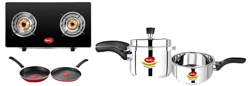 Pigeon by Stovekraft Pressure Cooker Combo with, Outer Lid 2 liter and 3 liter - 12710 (Silver) & Pigeon by Stovekraft 2 Burner Glass Cook Top Gas Stove, Cookware Combo (Black, 240mm, 250mm, 14722)