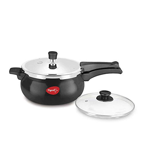 Pigeon by Stovekraft Titanium Hard Anodised Aluminium Handi Outer Lid Pressure Cooker with Induction base and Stainless Steel Lid and Glass Lid, 5 Litres