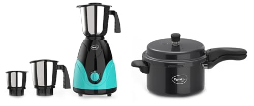 Pigeon by Stovekraft Titanium Hard Anodized Outer Lid Pressure Cooker - 5 Litres - Black & Pigeon Zest Mixer Grinder 3 Speed Control 750 Watt Powerful Copper Motor with 3 Jars - Blue