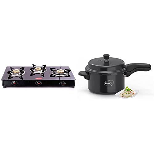 Pigeon by Stoverkraft Glass Top Aster 3 Burner And Pigeon Titanium Hard Anodized Pressure Cooker (Black, 5 Litres)