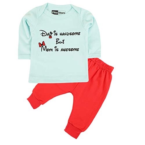 Piku Store Kids Multi-Color Hosiery Full Sleeves T-Shirt & Lower Set (12-18 Months, Aqua Blue & Red)
