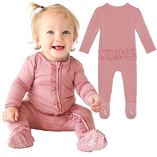 Posh Peanut Baby Footie Ruffled Zippered Rompers - Newborn Sleepers Girls Clothes - Kids One Piece PJ - Soft Viscose from Bamboo (Dusty Rose 6-9 Months)