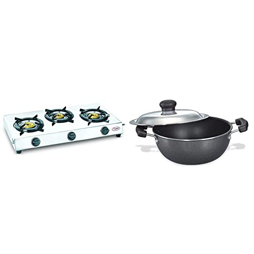Prestige 40150 Perfect Stainless Steel 3 Burner Gas Stove, Metallic Silver & Omega Select Plus Non-Stick Flat Base Kadai with Lid, 20cm, 2.2 litres, Black Combo
