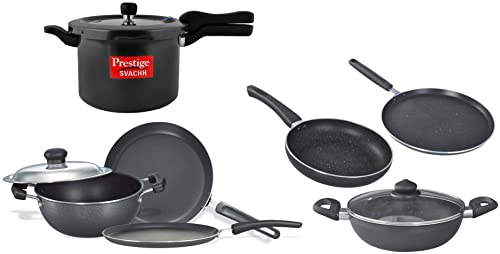 Prestige 5 Litre Pressure Cooker (Black)&Prestige Kitchen Set, 3-Pieces, black/Silver, Aluminium&Prestige Omega Deluxe Granite Aluminium Kitchen Sets with 1 Glass Lid (Black) - 3 Pieces