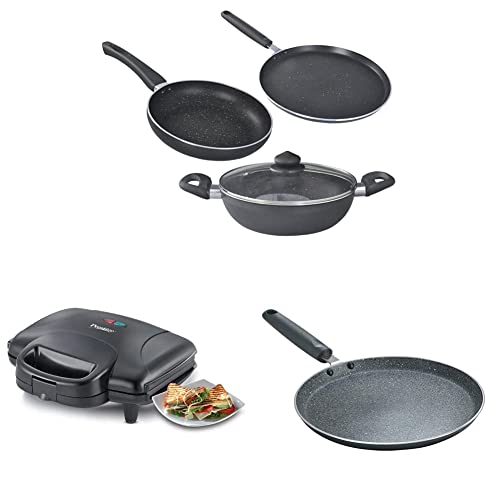 Prestige Aluminium Omega Deluxe Granite Finish (Black) - 3 Pieces & Sandwich Maker PGMFD 01 & Omega Deluxe Granite Dosa Tawa, 280 mm, Black