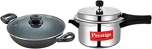 Prestige Aluminium Omega Deluxe Granite Kadhai, 26cm, Black & Prestige Popular Aluminium Pressure Cooker, 3 litres, Silver