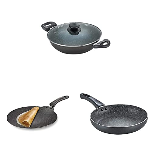 Prestige Aluminium Omega Deluxe Granite Kadhai, 26cm, Black&Prestige Omega Deluxe Granite Aluminium Flat Dosa Tawa, (Black, 30 cm) Aluminium Omega Deluxe Granite Fry Pan, 28 cm, Black (36306)