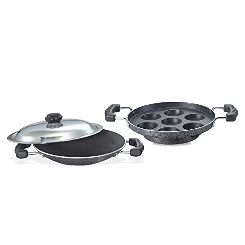 Prestige Aluminium Omega Select Plus Non-Stick Coated Appachetty with Lid And Paniyarakkal Combo 20 Cm Each, (Black)